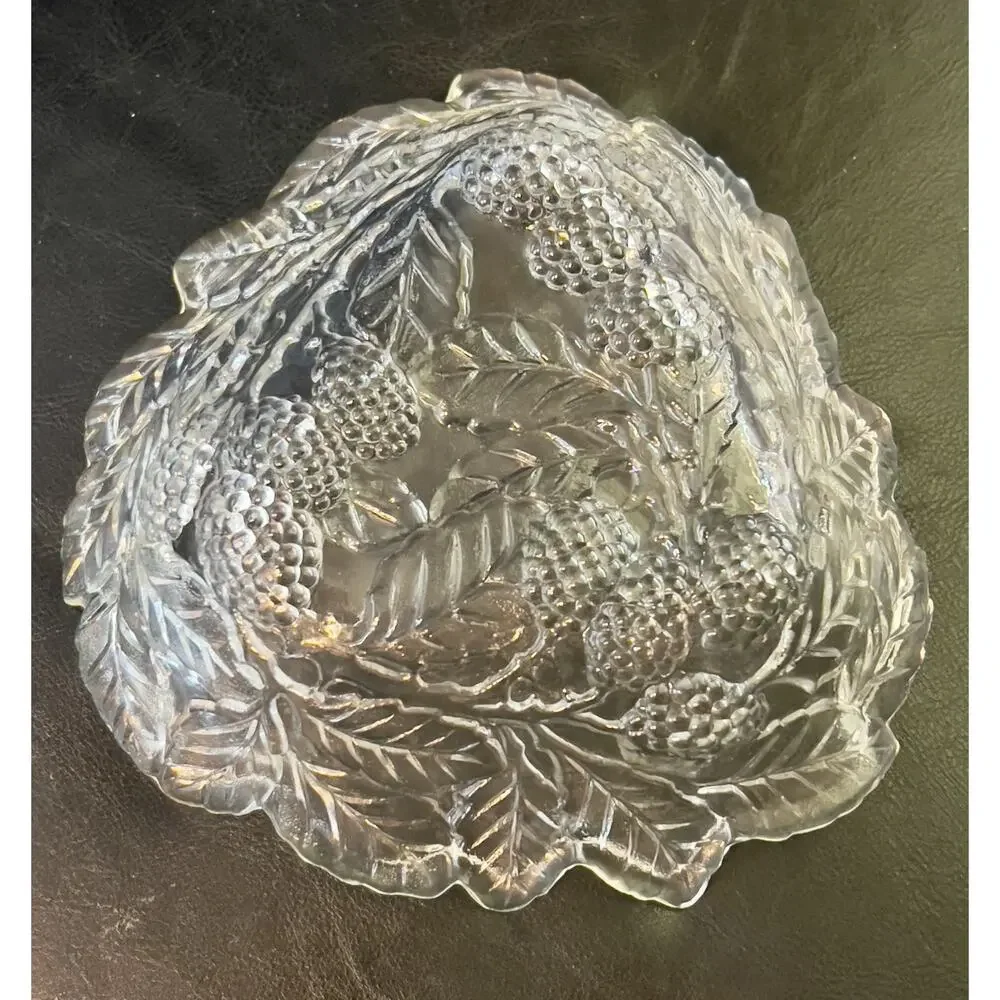 Vintage Indiana Glass Loganberry Clear Glass Berry Bowl Leaf Candy Nut Dish